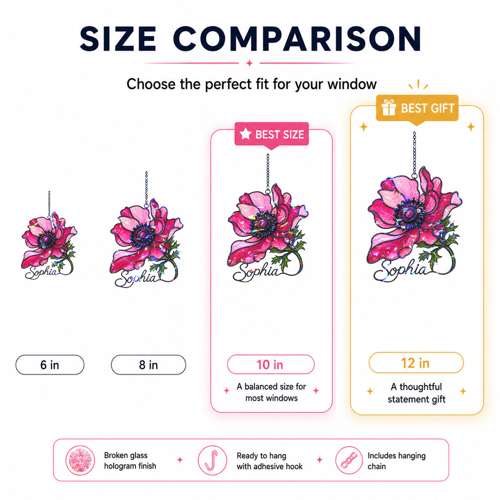 Personalized Pink Anemone Flower Holographic Acrylic Suncatcher