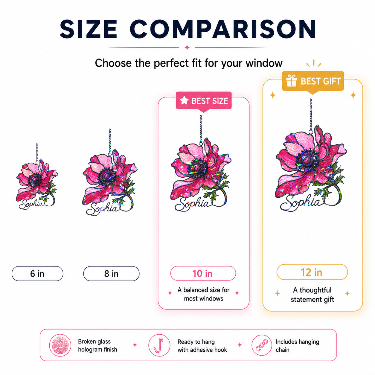 Personalized Pink Anemone Flower Holographic Acrylic Suncatcher