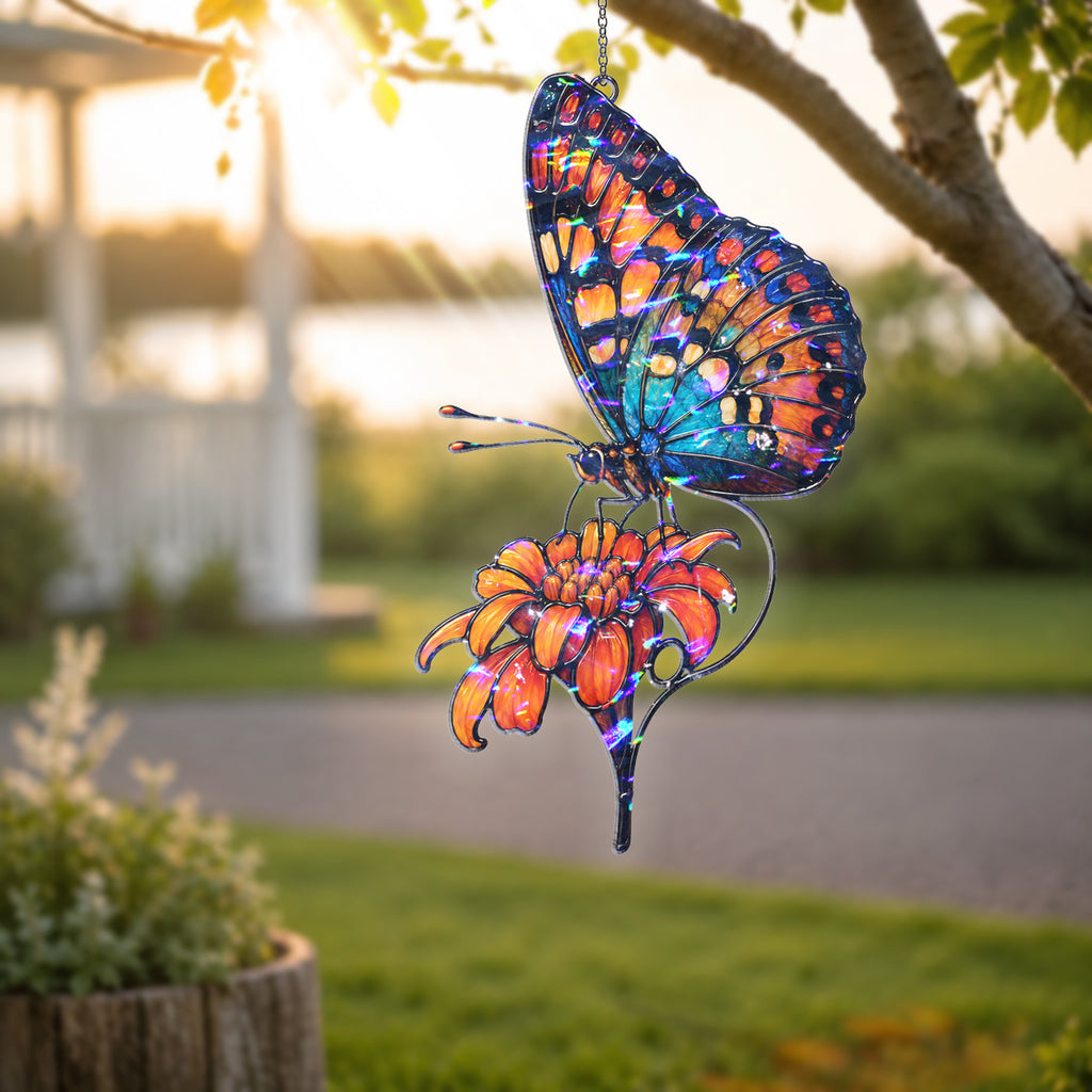 Orange & Blue Butterfly with Marigold Holographic Acrylic Suncatcher