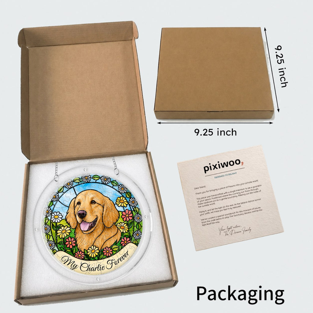 Open kraft gift box showing the daisy garden dog memorial suncatcher with a size reference