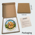 Open kraft gift box showing the daisy garden dog memorial suncatcher with a size reference