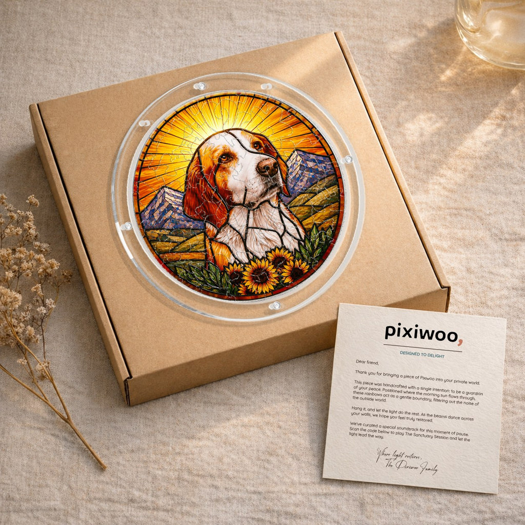 Pixiwoo gift box packaging for the dog memorial puzzle suncatcher