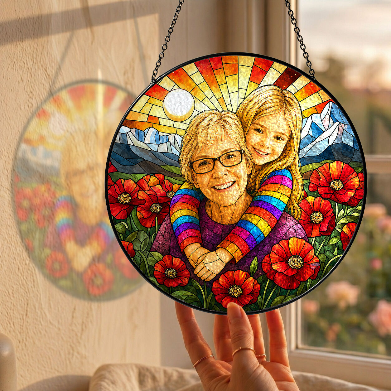 Personalized Poppy Sunrise Photo Stained Glass Suncatcher