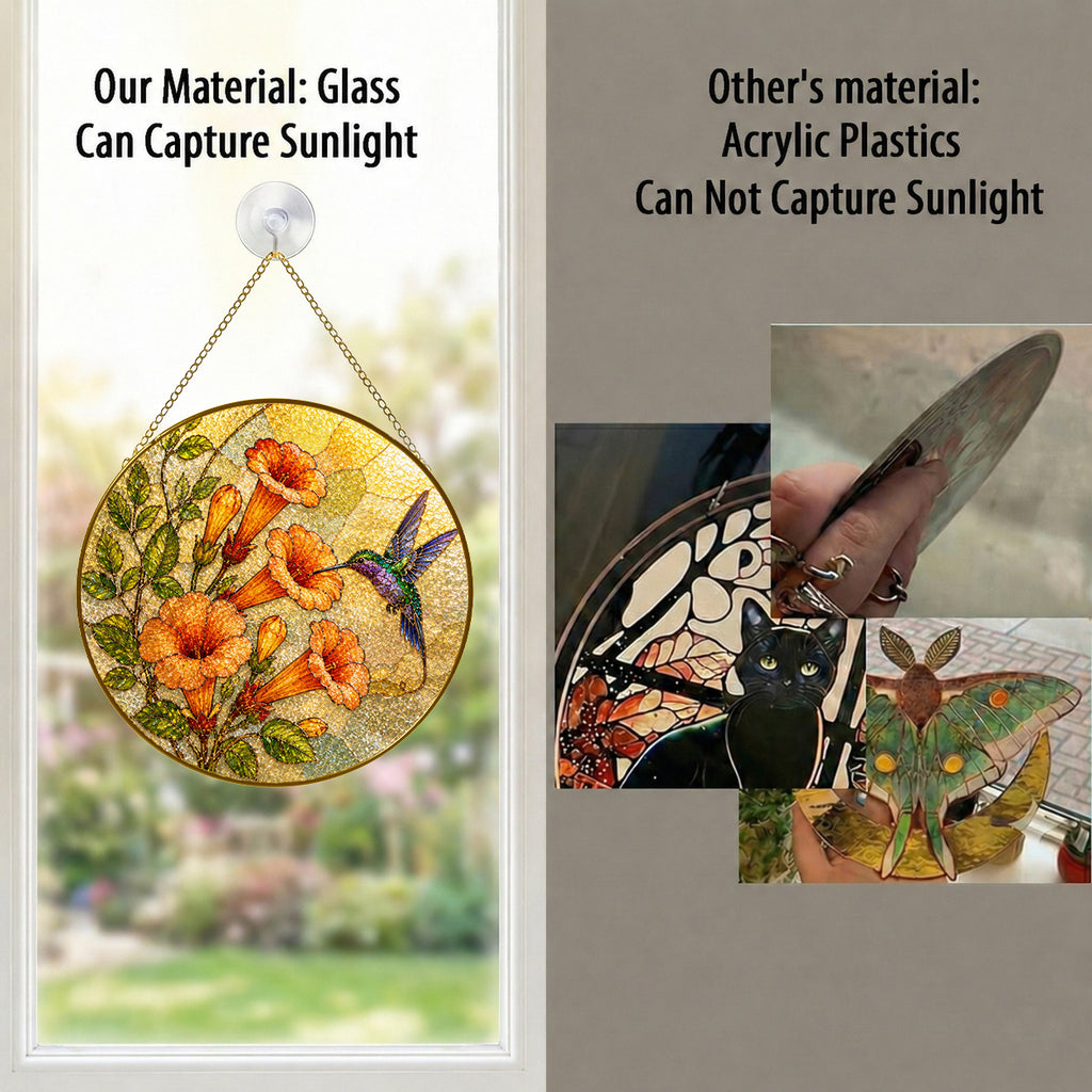 Hummingbird & Trumpet Flower Stained Glass Suncatcher