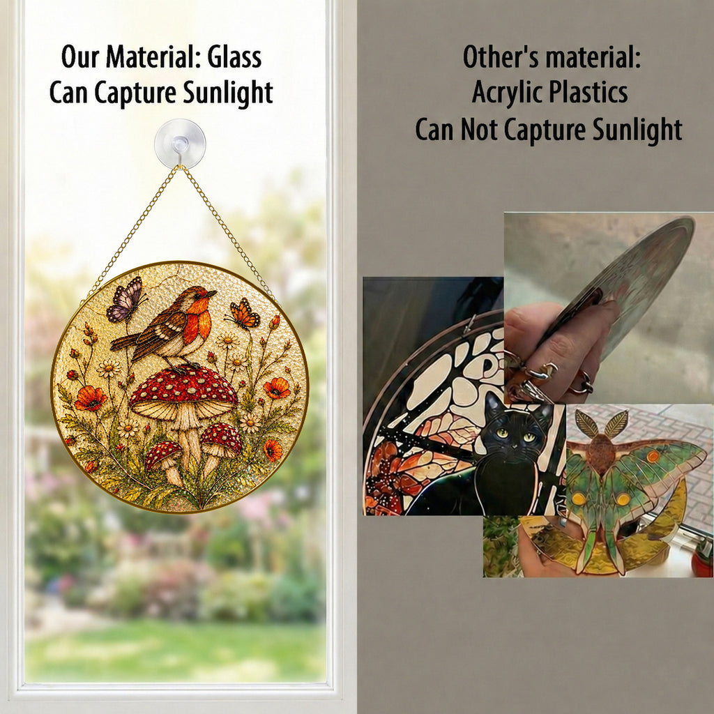 Robin & Mushroom Stained Glass Suncatcher