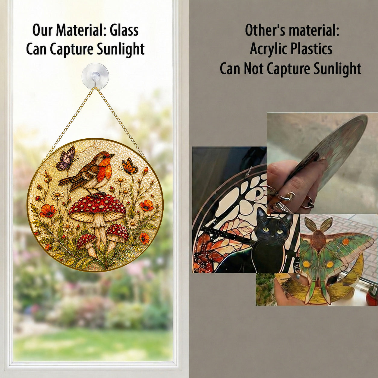 Robin & Mushroom Stained Glass Suncatcher