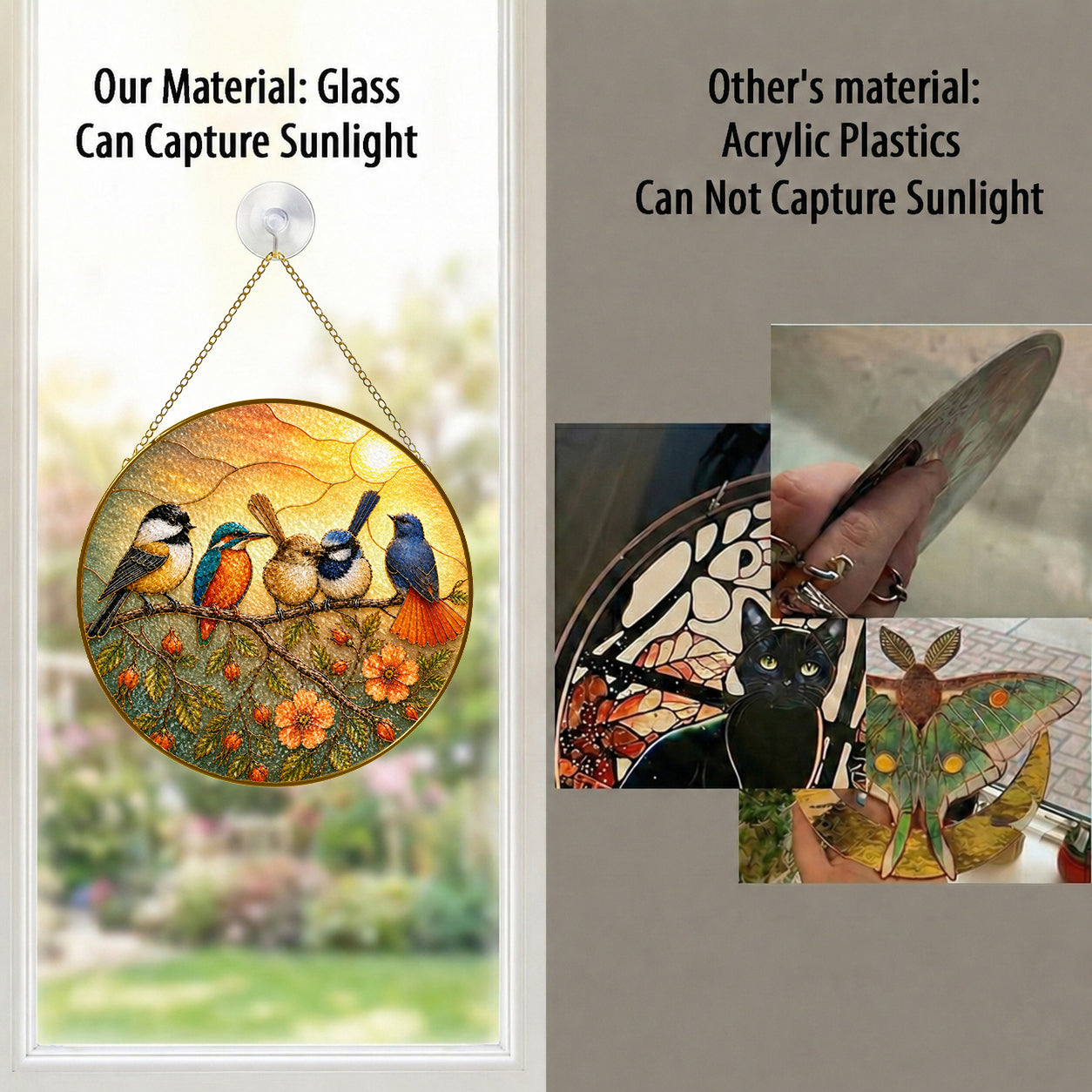 Colorful Birds on a Branch Stained Glass Suncatcher