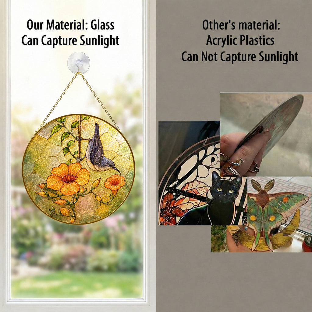 Nuthatch & Trumpet Flower Stained Glass Suncatcher