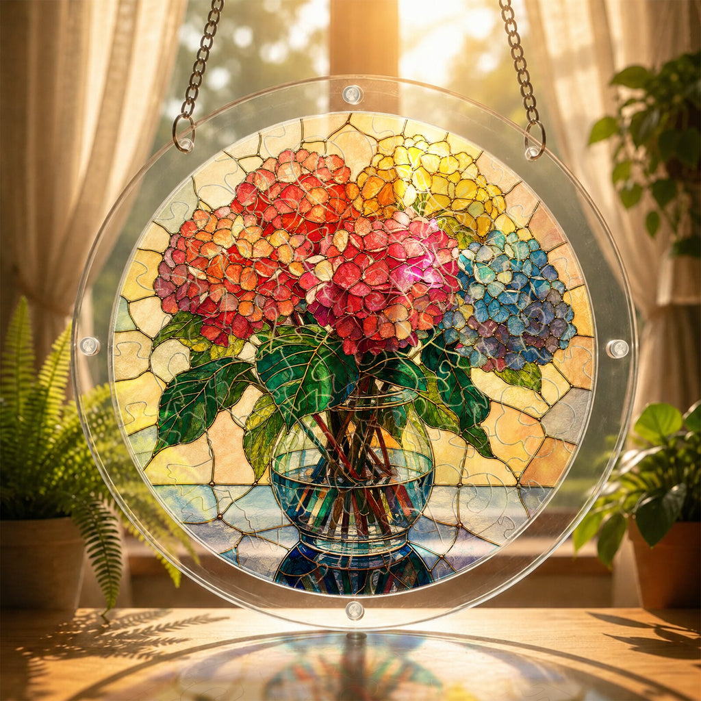 Blushing Hydrangea Acrylic Puzzle Suncatcher