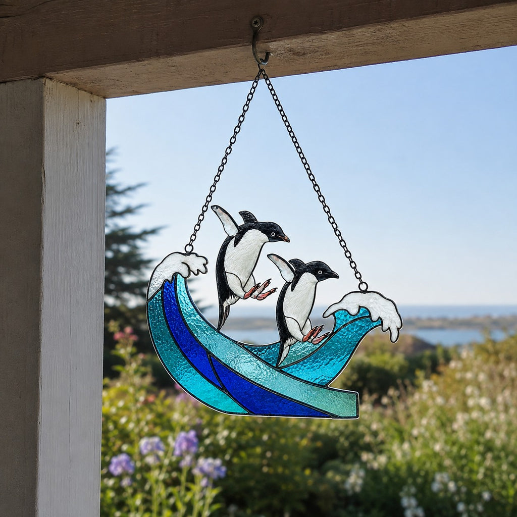 Personalized Penguin Couple Ocean Wave Holographic Acrylic Suncatcher