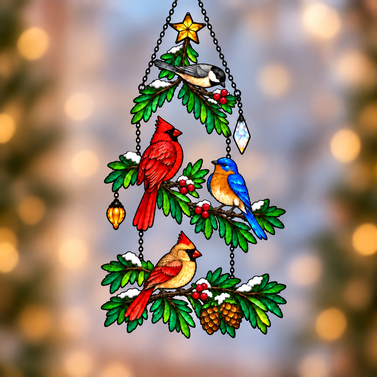 Cardinal & Bluebird Christmas Tree Holographic Acrylic Suncatcher