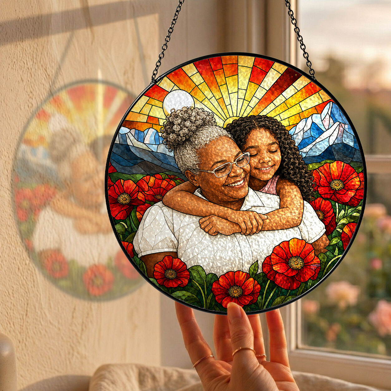 Personalized Poppy Sunrise Photo Stained Glass Suncatcher