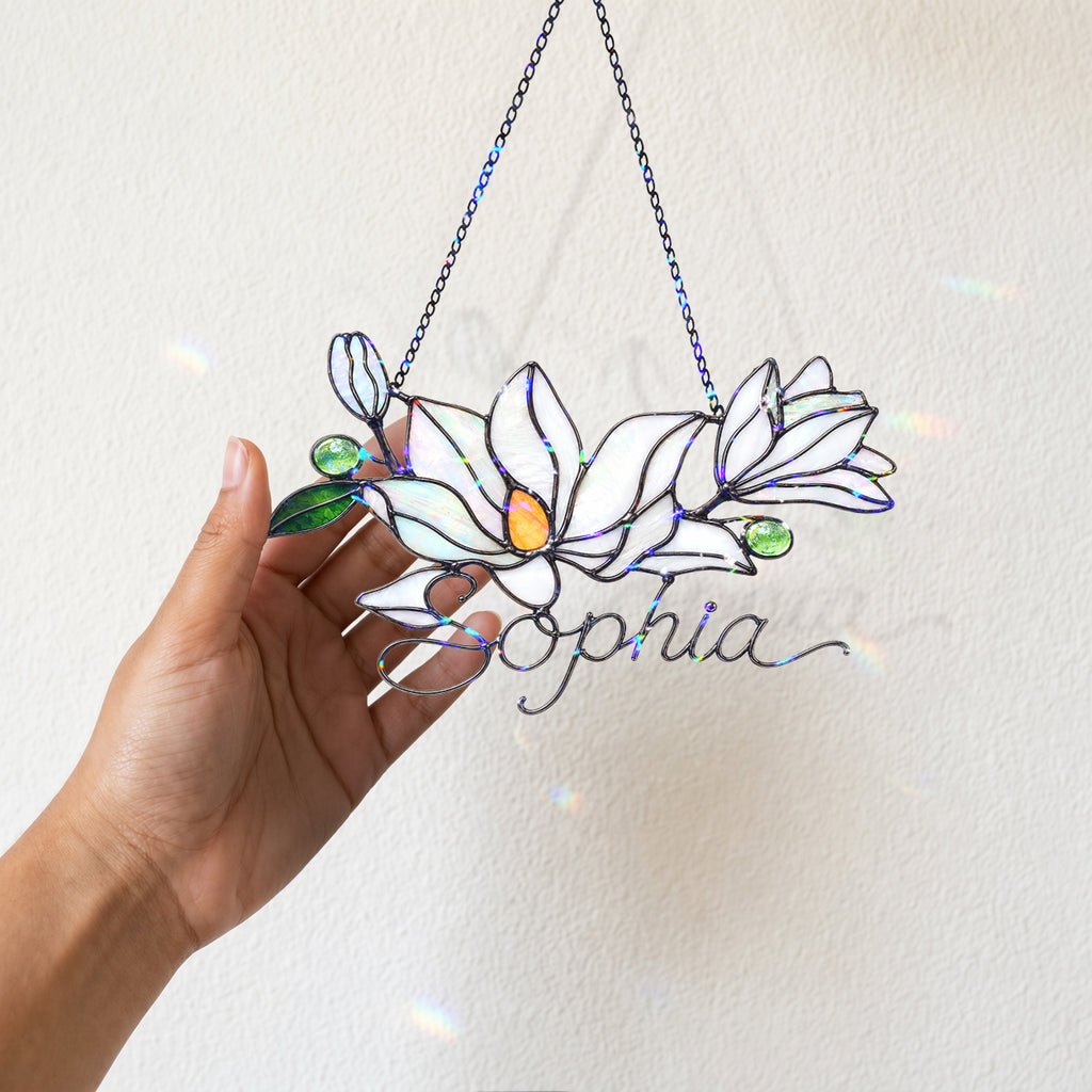 Personalized White Magnolia Branch Holographic Acrylic Suncatcher
