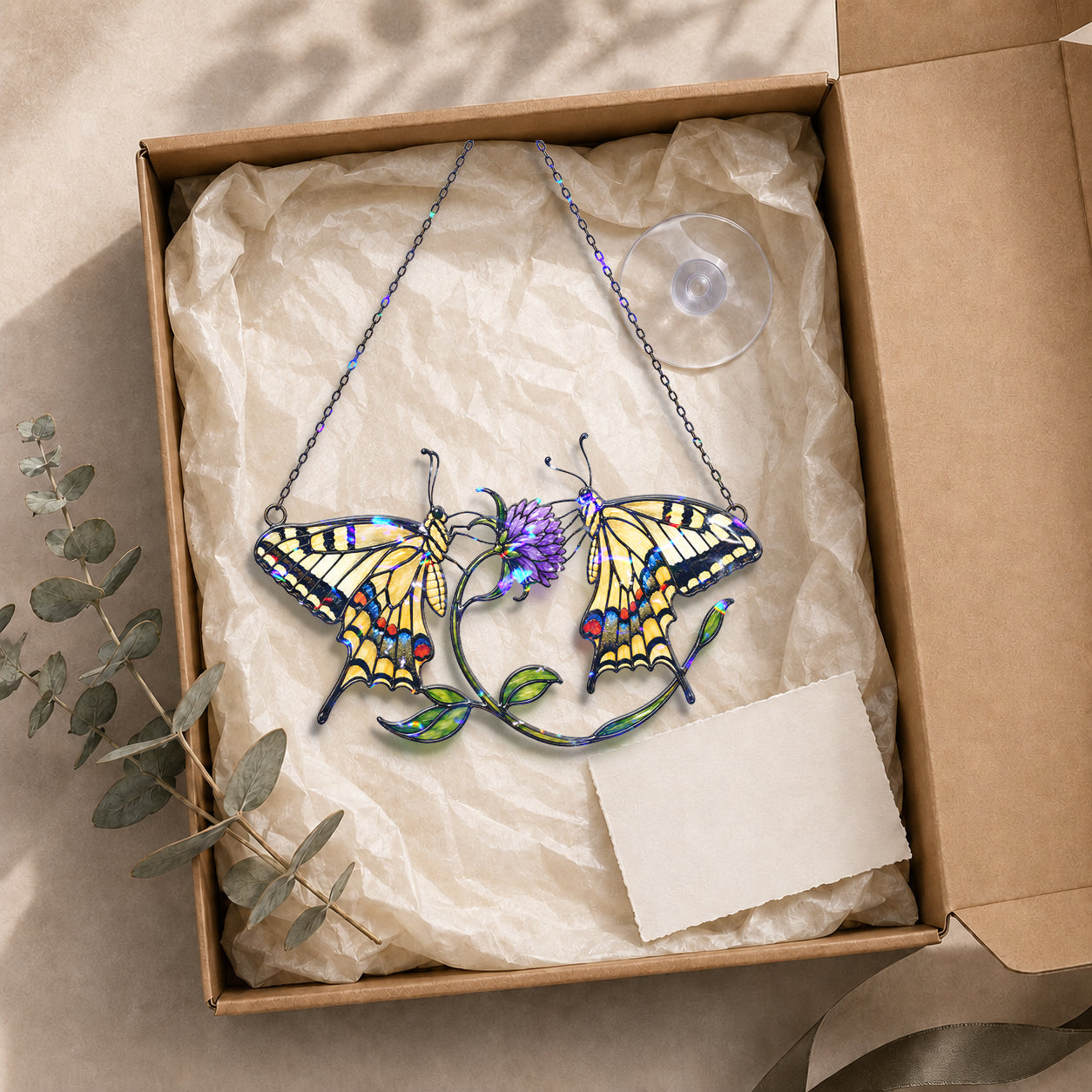 Twin Swallowtail Butterflies & Purple Clover Holographic Acrylic Suncatcher