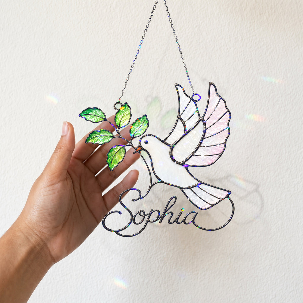 Personalized White Dove & Olive Branch Holographic Acrylic Suncatcher