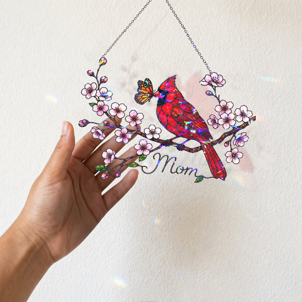 Personalized Cardinal & Cherry Blossom Holographic Acrylic Suncatcher