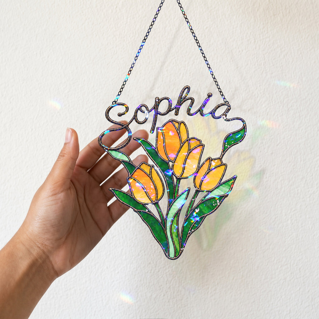Personalized Yellow Tulip Bouquet Holographic Acrylic Suncatcher