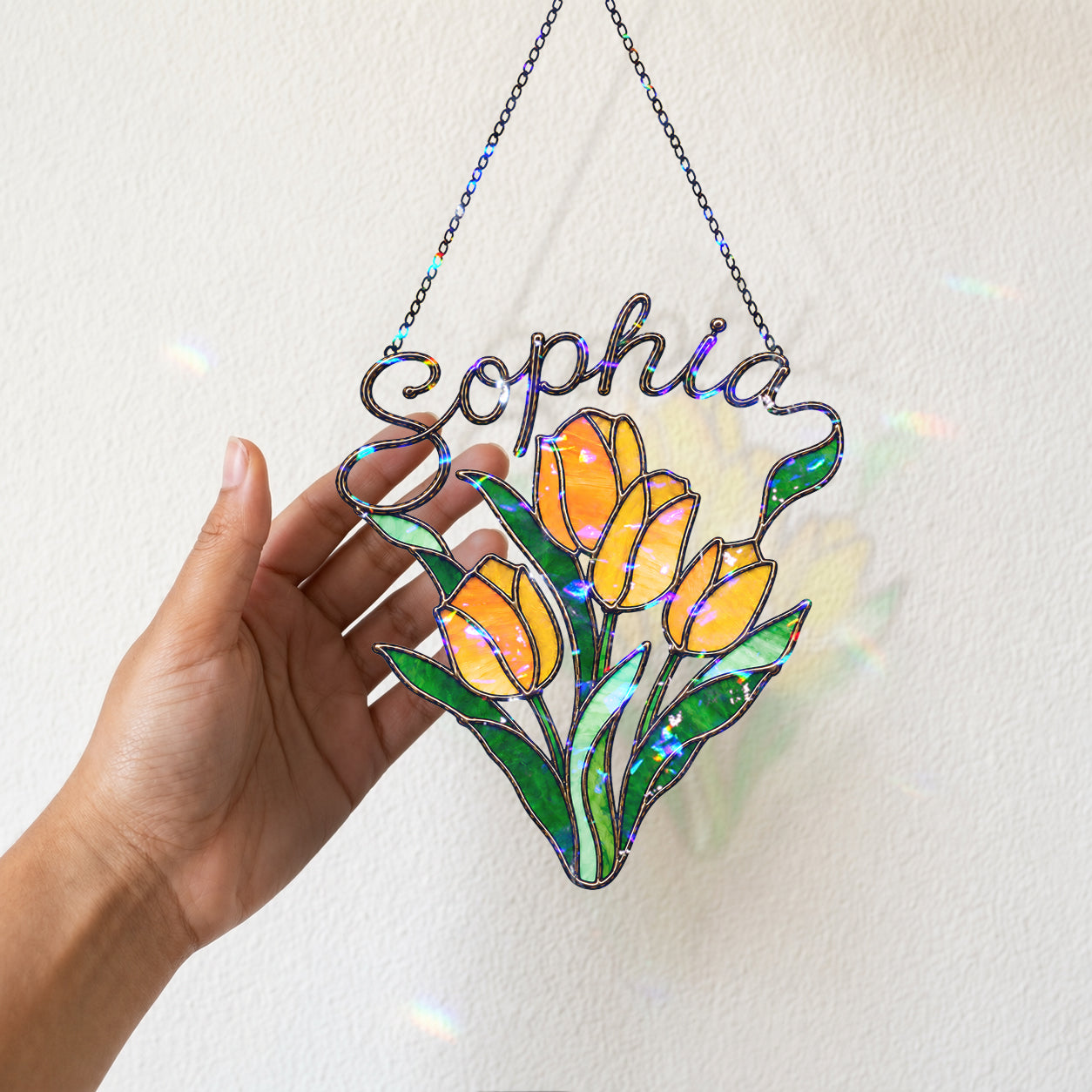 Personalized Yellow Tulip Bouquet Holographic Acrylic Suncatcher