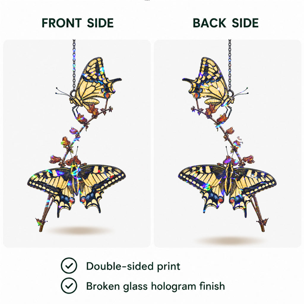 Two Swallowtail Butterflies on Blossom Branch Holographic Acrylic Suncatcher