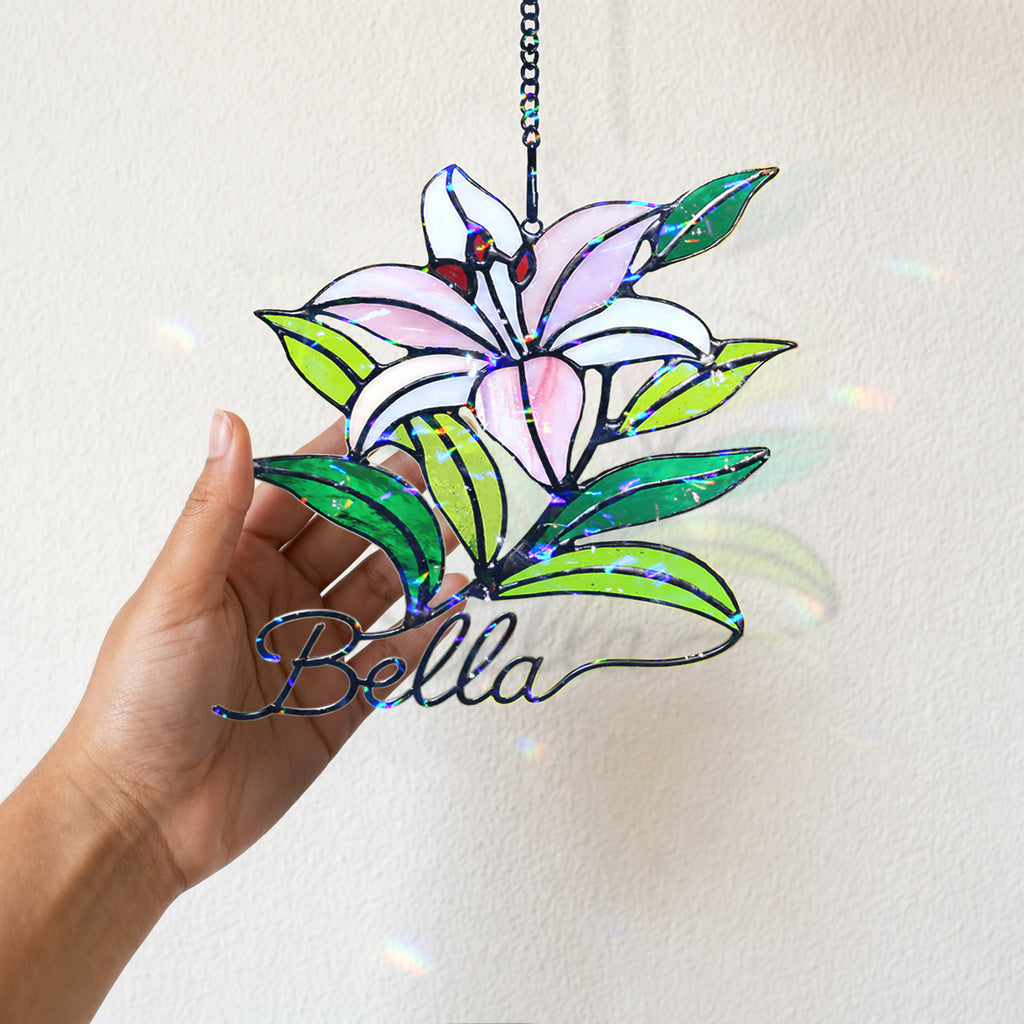 Personalized Pink Lily Flower Holographic Acrylic Suncatcher