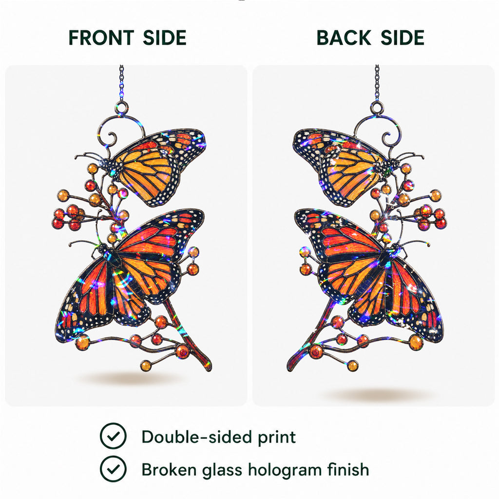 Monarch Butterflies & Berry Branch Holographic Acrylic Suncatcher
