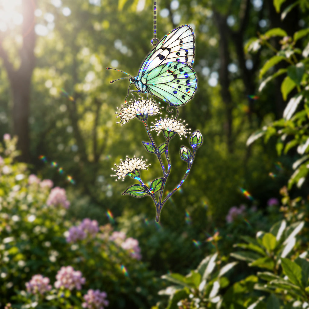 Mint Butterfly & White Blossom Holographic Acrylic Suncatcher