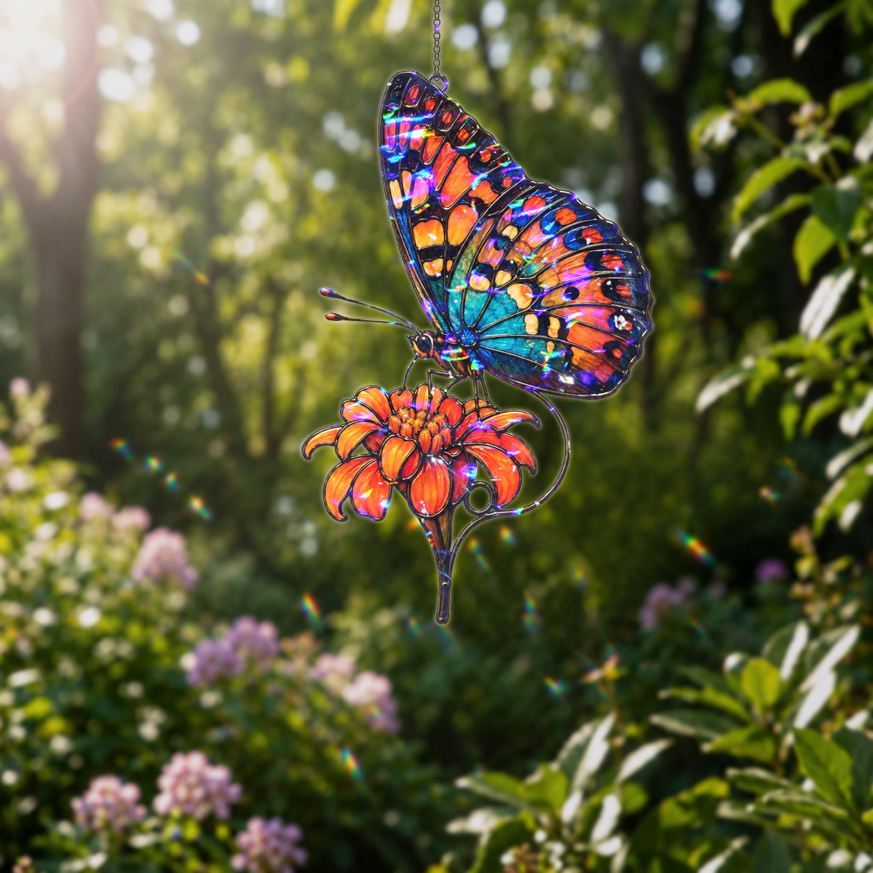 Orange & Blue Butterfly with Marigold Holographic Acrylic Suncatcher