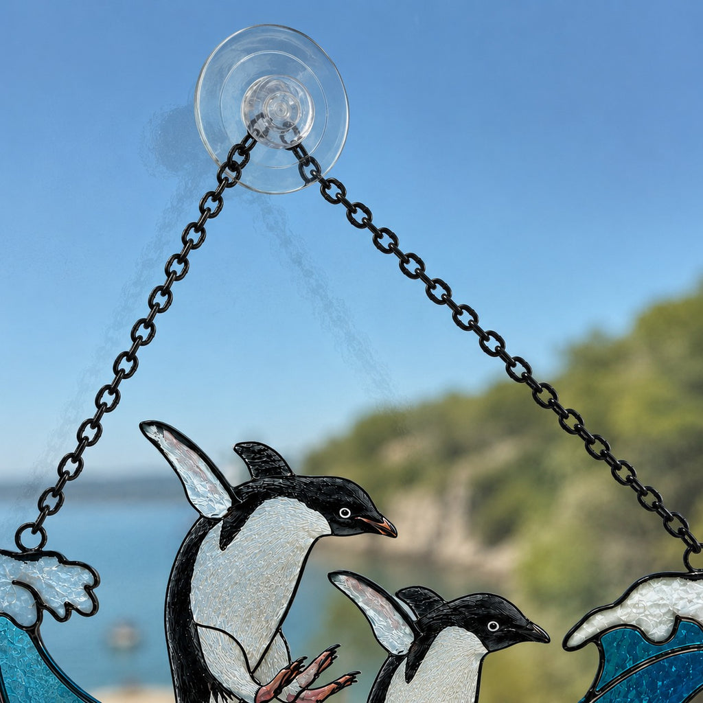Personalized Penguin Couple Ocean Wave Holographic Acrylic Suncatcher