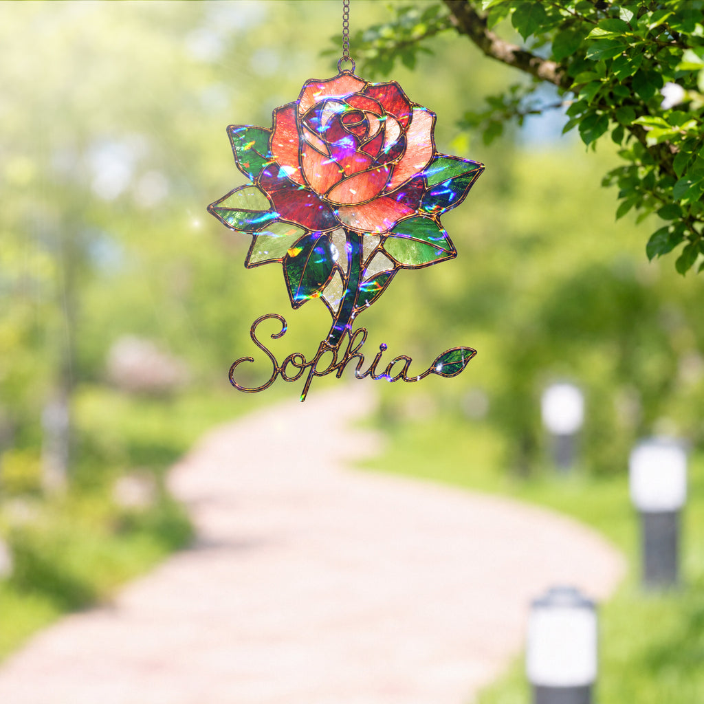 Personalized Red Rose Holographic Acrylic Suncatcher