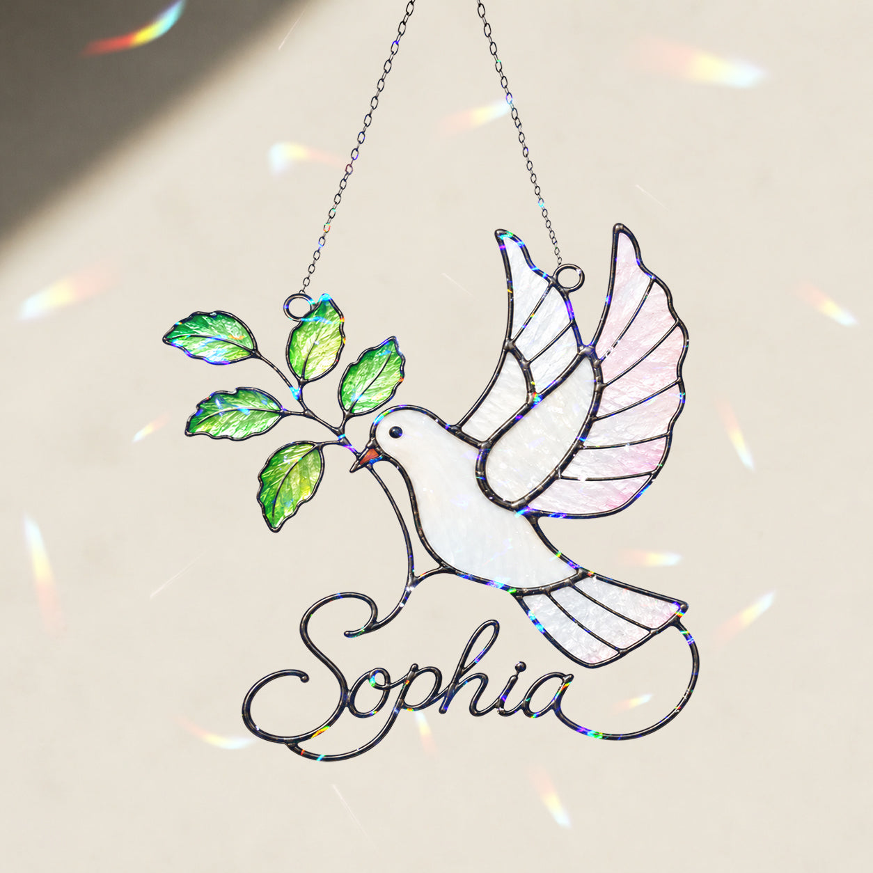 Personalized White Dove & Olive Branch Holographic Acrylic Suncatcher