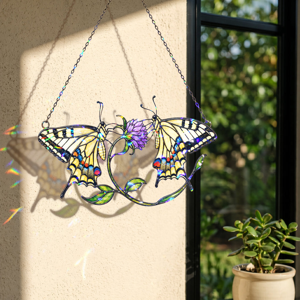 Twin Swallowtail Butterflies & Purple Clover Holographic Acrylic Suncatcher