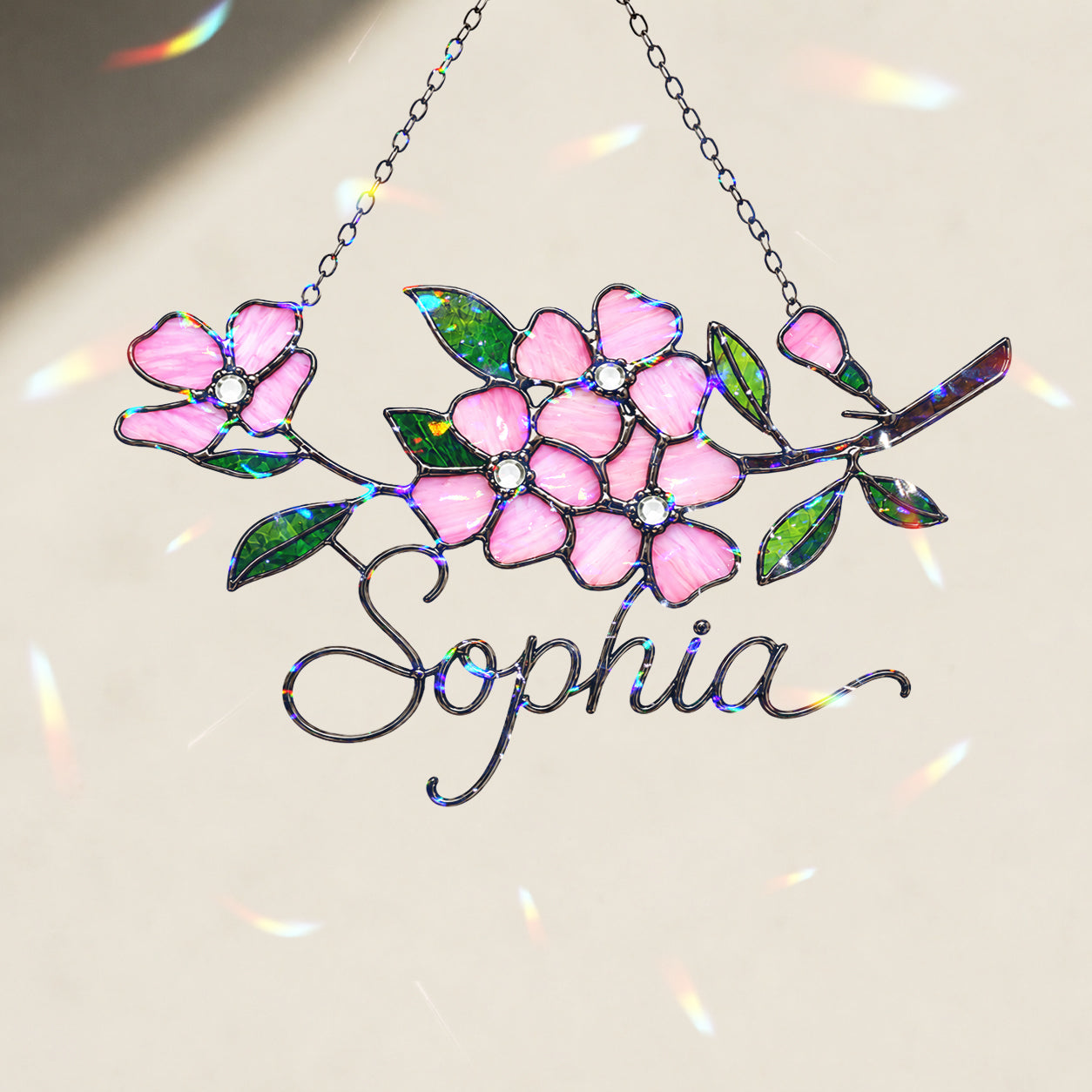 Personalized Pink Cherry Blossom Branch Holographic Acrylic Suncatcher