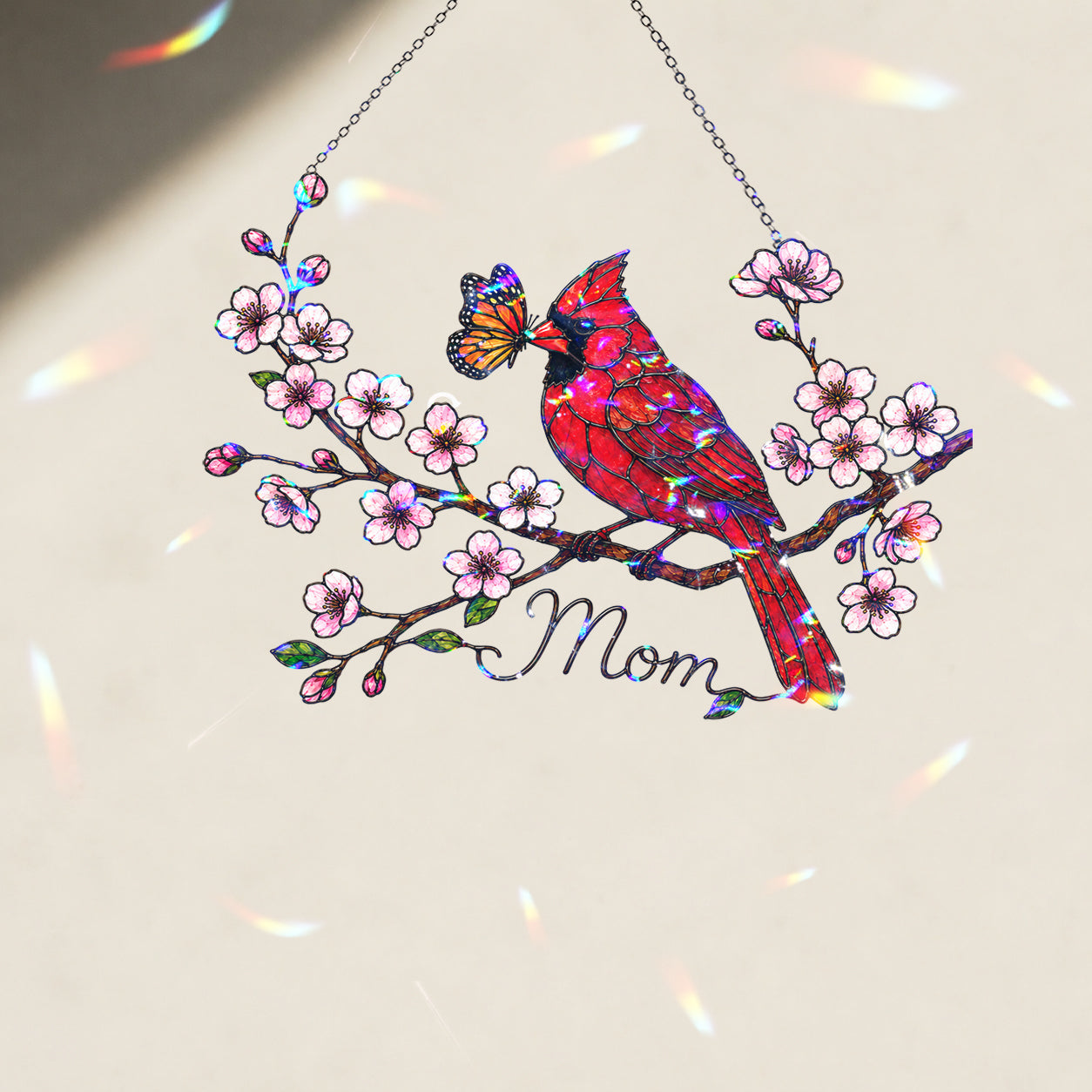 Personalized Cardinal & Cherry Blossom Holographic Acrylic Suncatcher