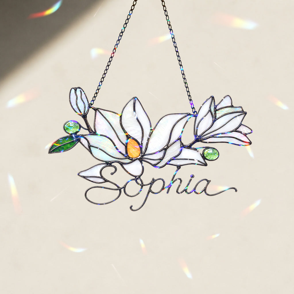 Personalized White Magnolia Branch Holographic Acrylic Suncatcher