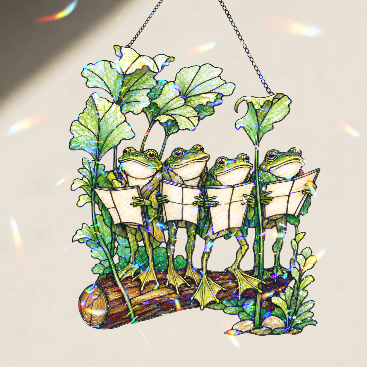 Four Frogs Reading Books on a Log Holographic Acrylic Suncatcher