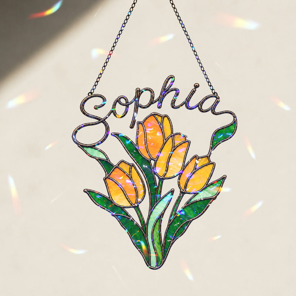 Personalized Yellow Tulip Bouquet Holographic Acrylic Suncatcher