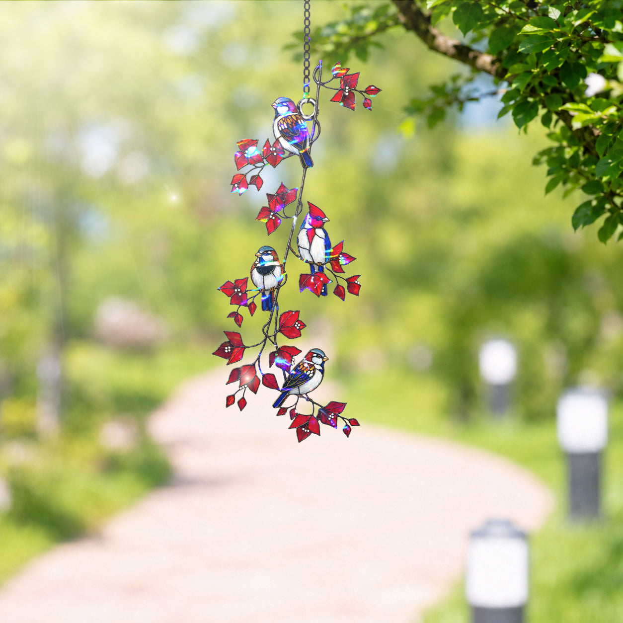 Sparrows & Cardinal on Red Leaf Vine Holographic Acrylic Suncatcher