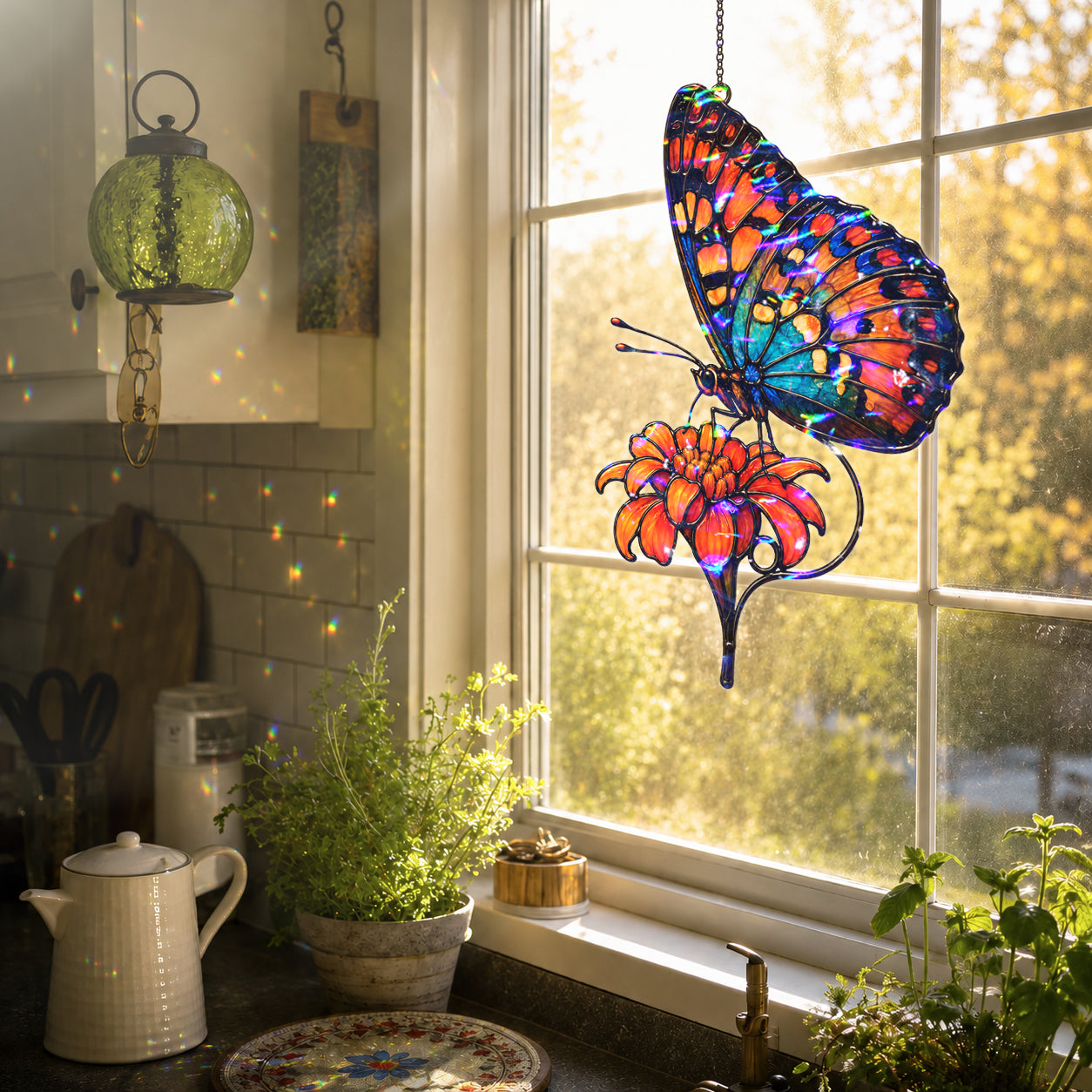 Orange & Blue Butterfly with Marigold Holographic Acrylic Suncatcher