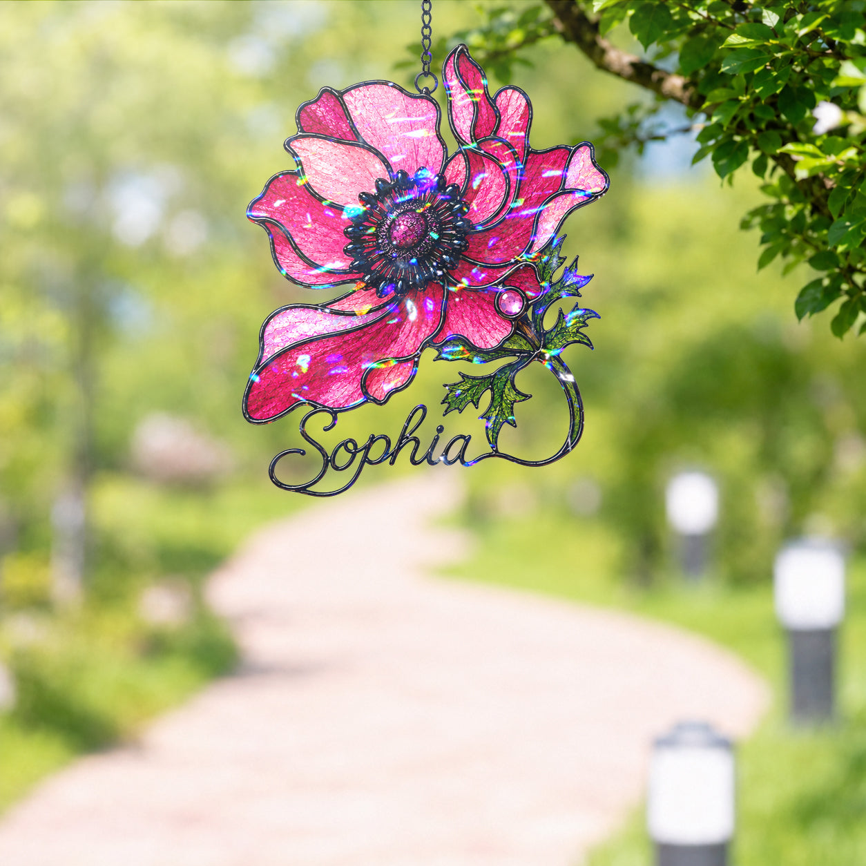 Personalized Pink Anemone Flower Holographic Acrylic Suncatcher