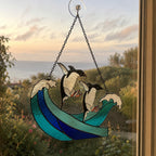 Personalized Penguin Couple Ocean Wave Holographic Acrylic Suncatcher