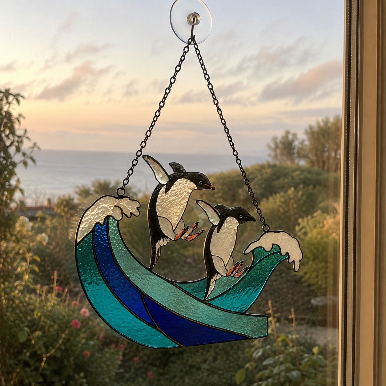 Personalized Penguin Couple Ocean Wave Holographic Acrylic Suncatcher