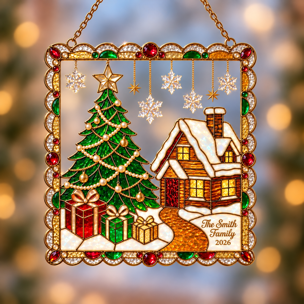 Personalized Christmas Tree & Snowy Cabin Framed Holographic Acrylic Suncatcher