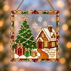 Personalized Christmas Tree & Snowy Cabin Framed Holographic Acrylic Suncatcher
