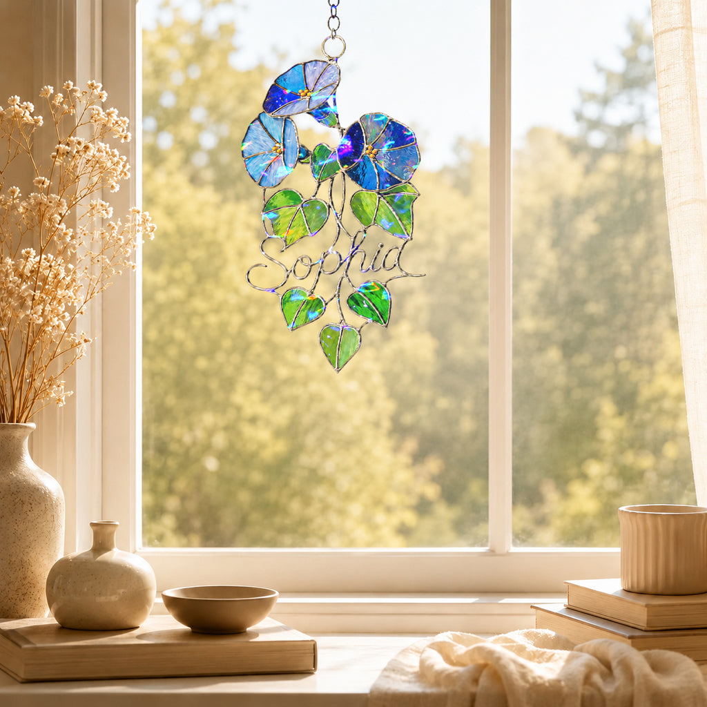Personalized Blue Morning Glory Holographic Acrylic Suncatcher