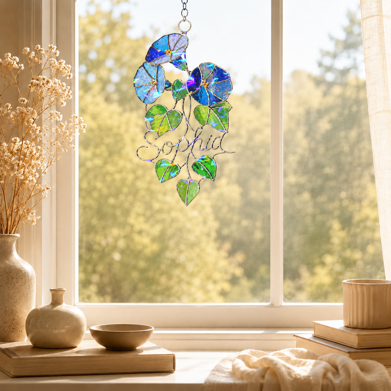Personalized Blue Morning Glory Holographic Acrylic Suncatcher
