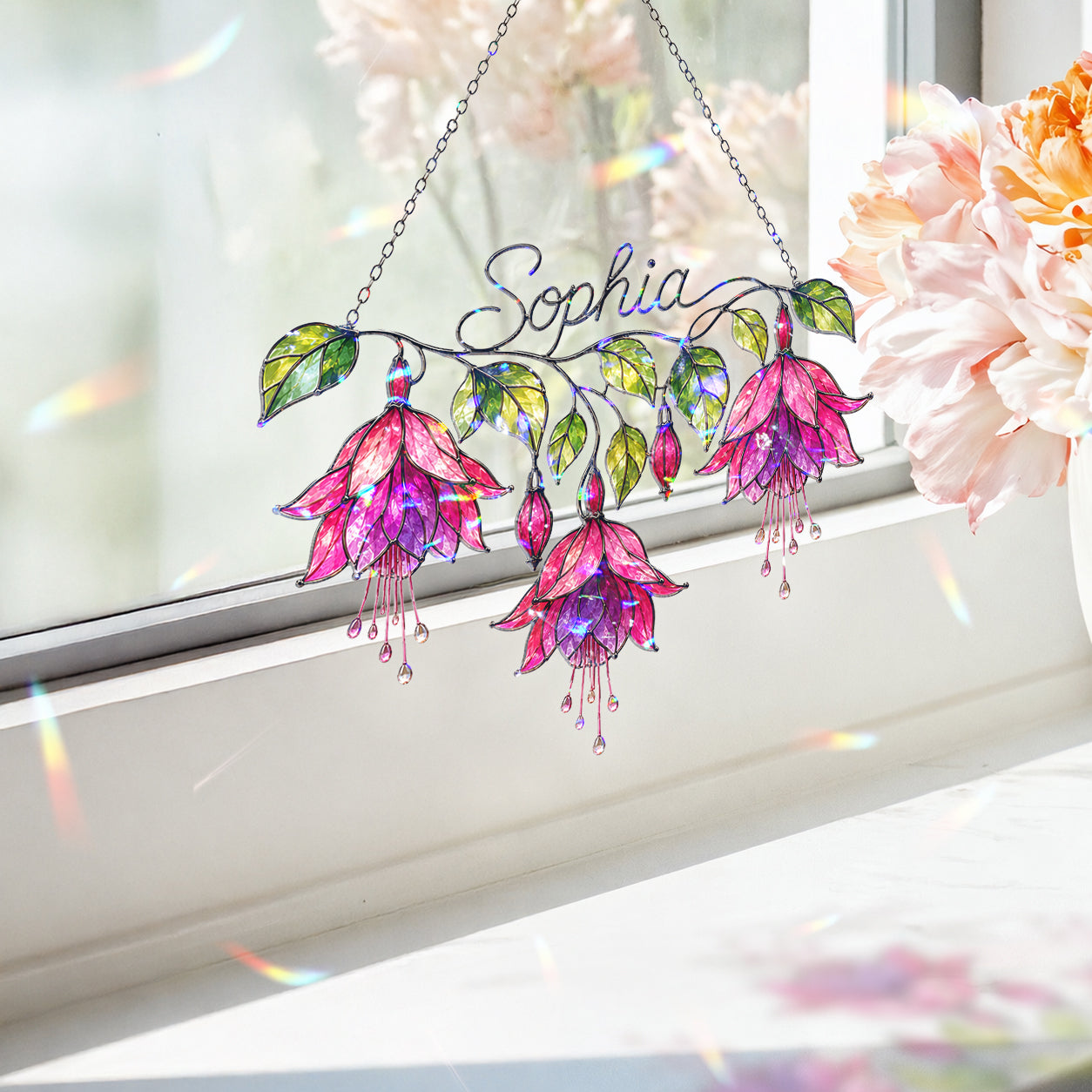 Personalized Pink Fuchsia Flower Holographic Acrylic Suncatcher