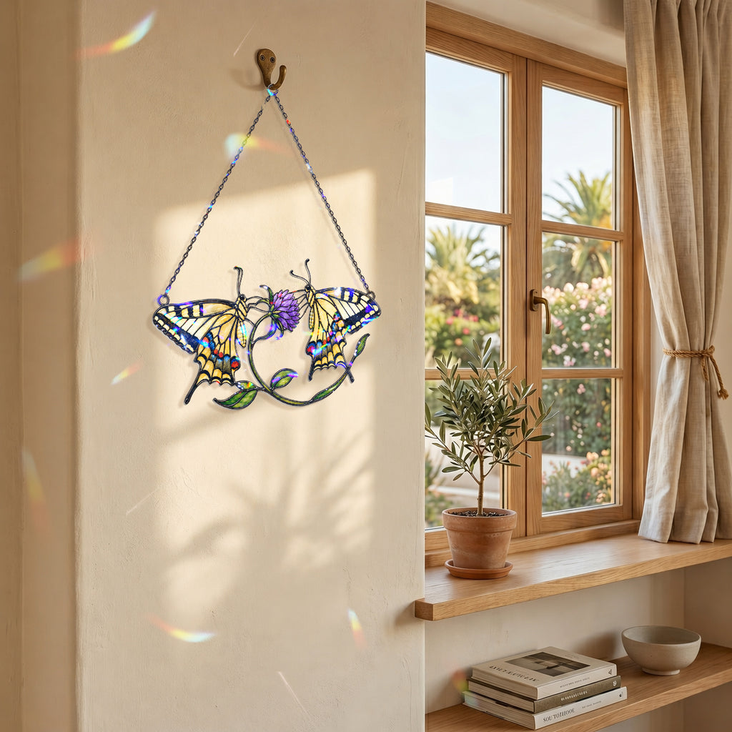 Twin Swallowtail Butterflies & Purple Clover Holographic Acrylic Suncatcher