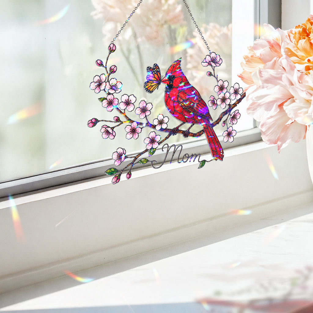 Personalized Cardinal & Cherry Blossom Holographic Acrylic Suncatcher