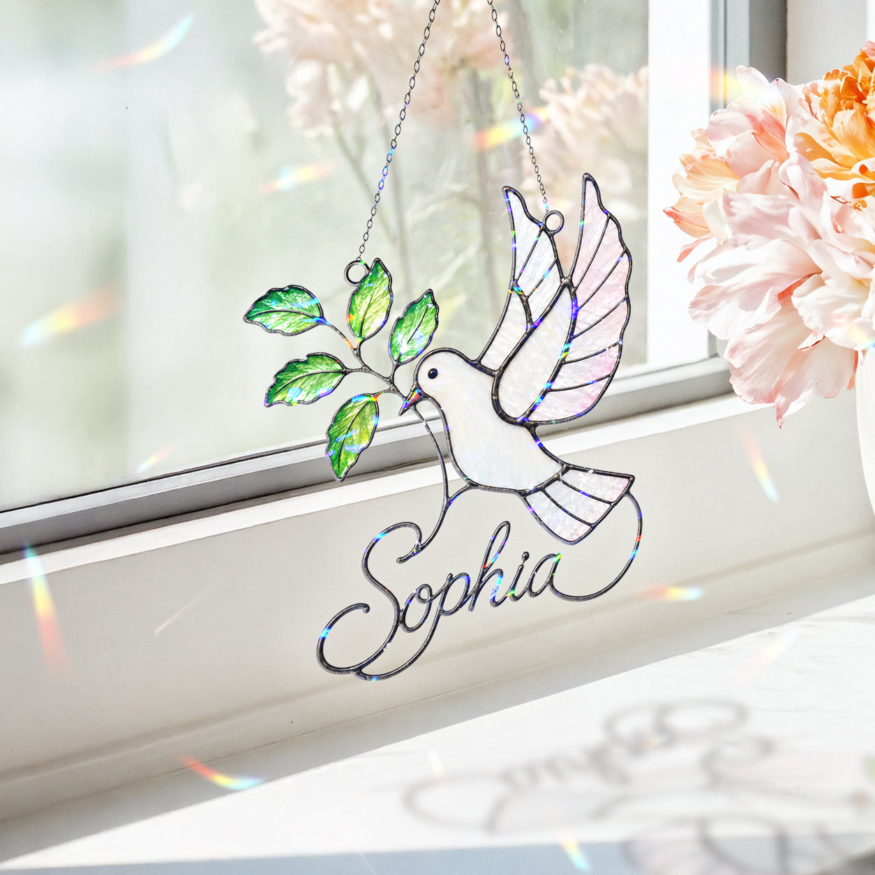 Personalized White Dove & Olive Branch Holographic Acrylic Suncatcher