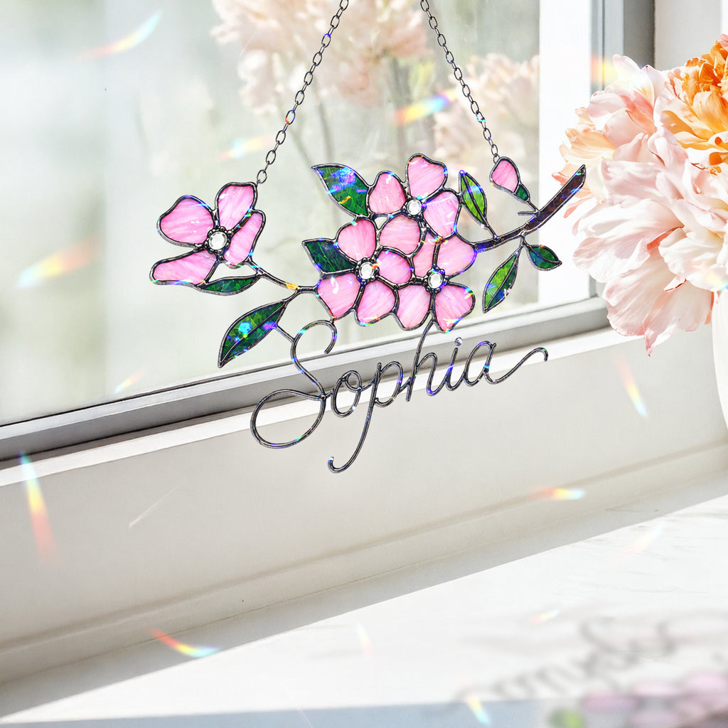 Personalized Pink Cherry Blossom Branch Holographic Acrylic Suncatcher